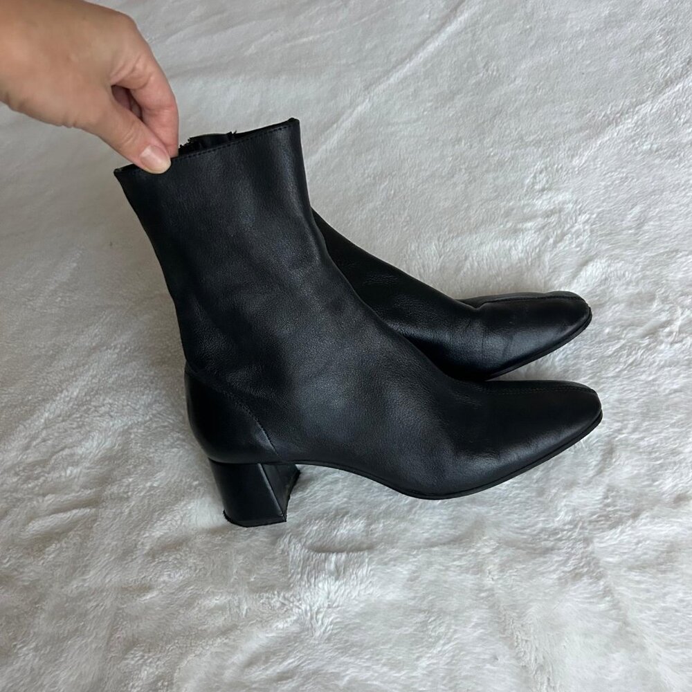 ZARA Black genuine Leather Block Heeled Soft Ankle Boots stretch US 7.5 EUR 38 - Picture 6 of 11